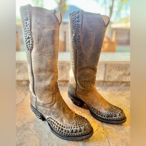 Lucchese 1883 Studded Cowboy Boots Womens 7B Brown Distressed Leather Rocker